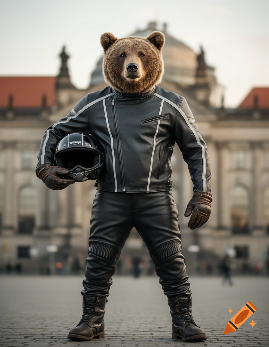 A photorealistic bear stands upright in a black leather motorcycle suit, holding a helmet, against a blurred classical building.
