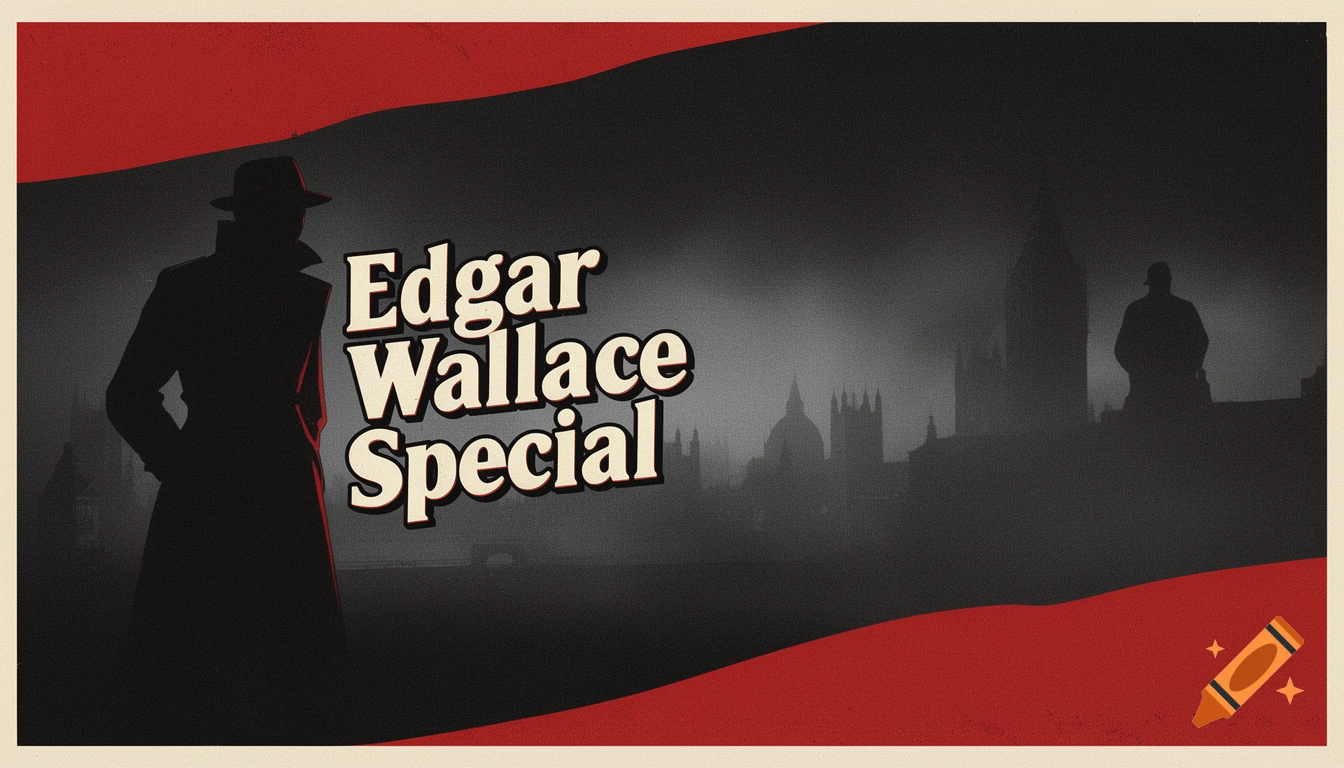 A vintage movie poster-style illustration featuring a shadowy figure in a trench coat and fedora, with 'Edgar Wallace Special' text over a foggy London skyline.
