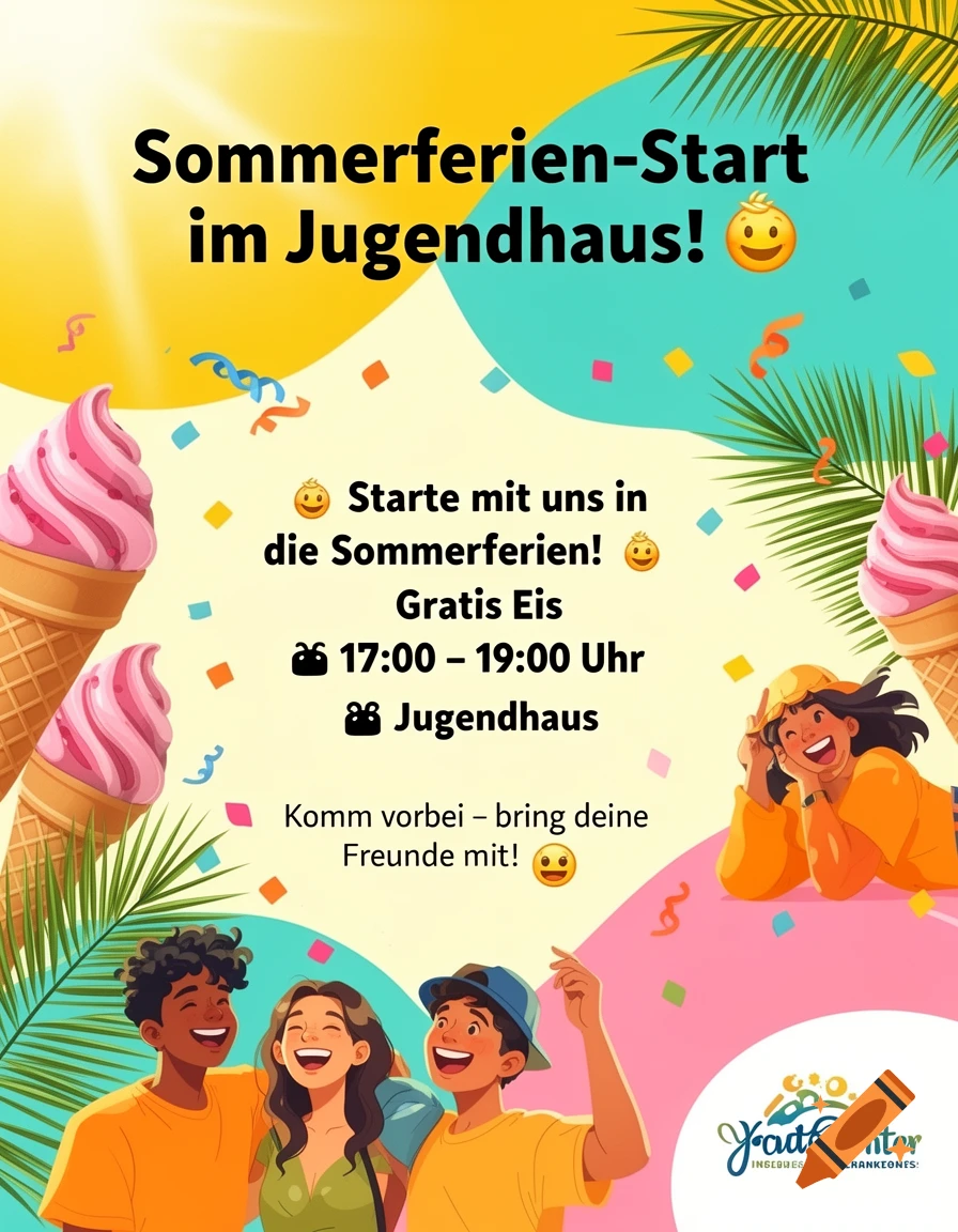A colorful summer event poster for a youth center, featuring happy teenagers, ice cream, palm leaves, and confetti. The text invites people to the summer holiday start at the youth center with free ice cream from 5 PM to 7 PM.
