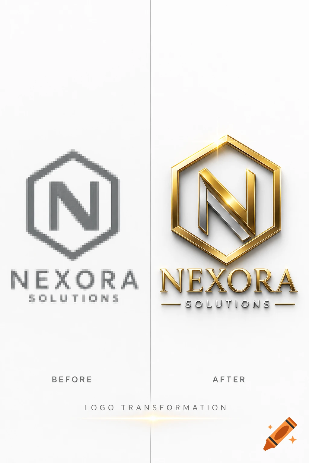 A split-screen image showing a logo transformation. On the left, a pixelated, gray hexagonal logo with 'NEXORA SOLUTIONS' below. On the right, a shiny golden and silver 3D hexagonal logo with 'NEXORA SOLUTIONS' in metallic gold.