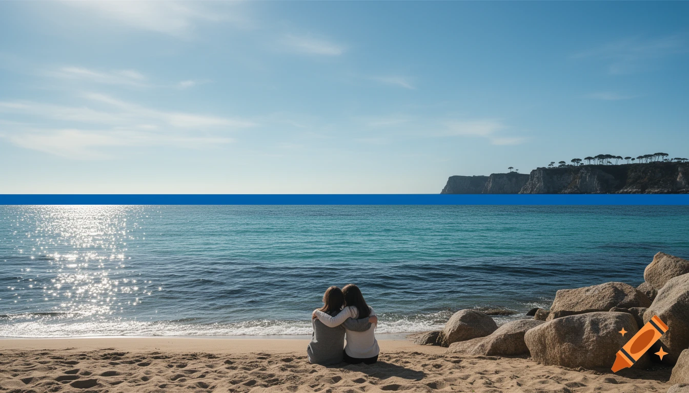 Two people hug on a sandy beach, facing a blue sea with sun glints, a blue stripe on the horizon, and cliffs in the distance.