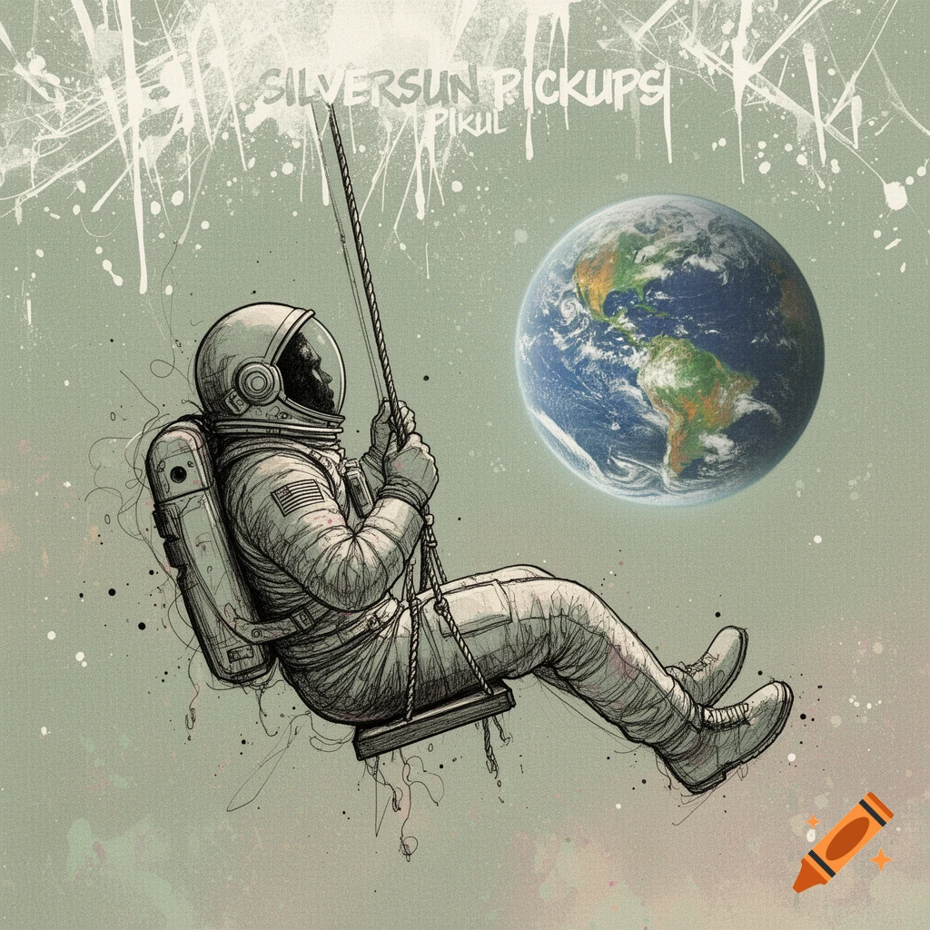 Sketchy mixed-media illustration of an astronaut swinging in space with Earth in the background.