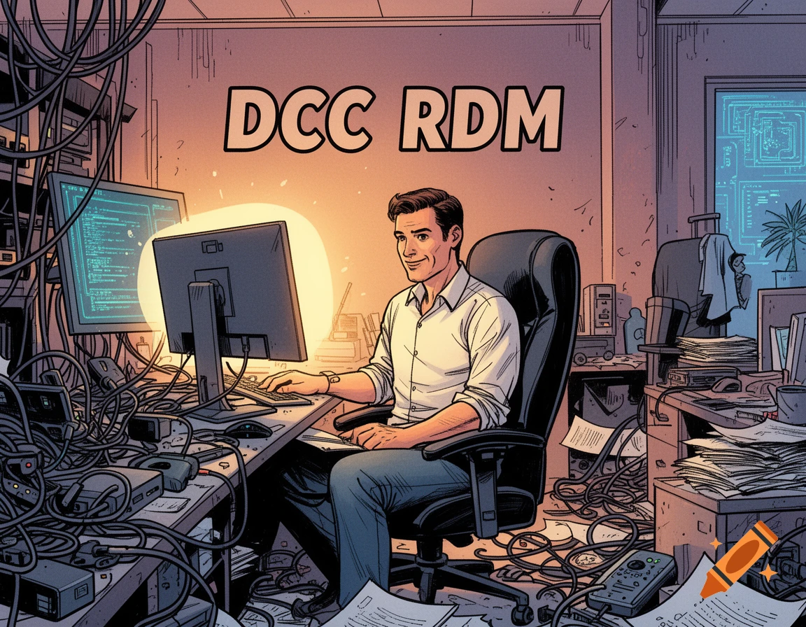 Comic illustration of a smiling IT administrator sitting at a computer in a chaotic office full of tangled cables, with 'DCC RDM' on the wall.