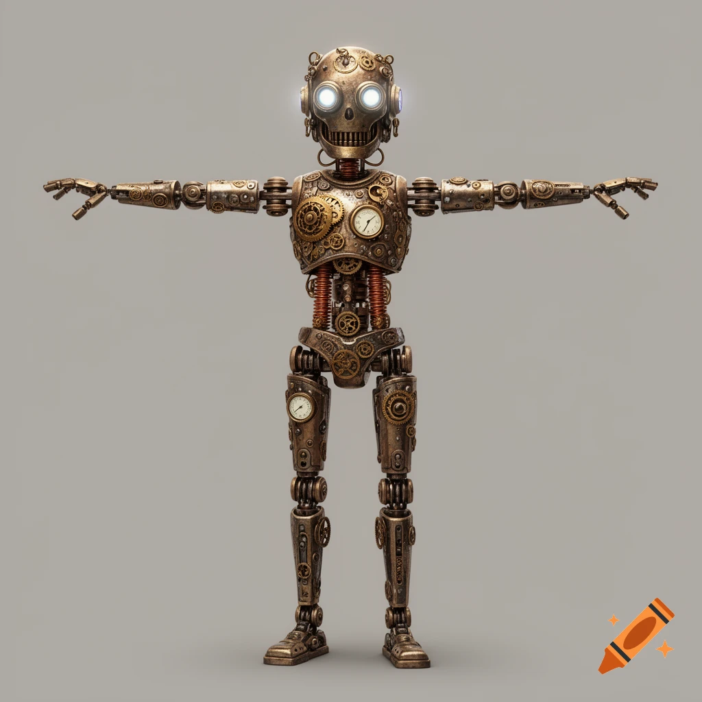 A detailed steampunk robot, made of brass and gears, stands in a T-pose with glowing eyes against a light gray background.