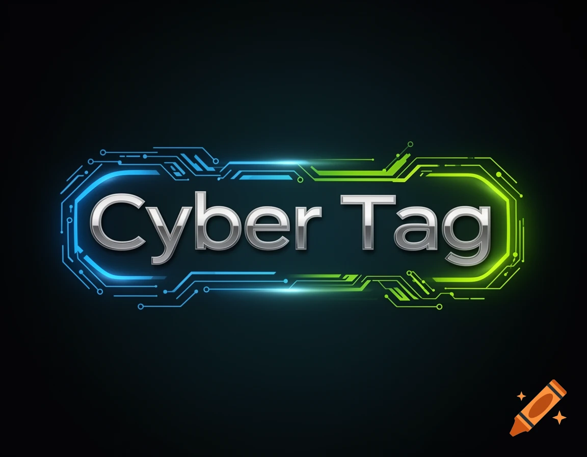 Silver text 'Cyber Tag' with glowing blue and green circuit board design on a dark background.