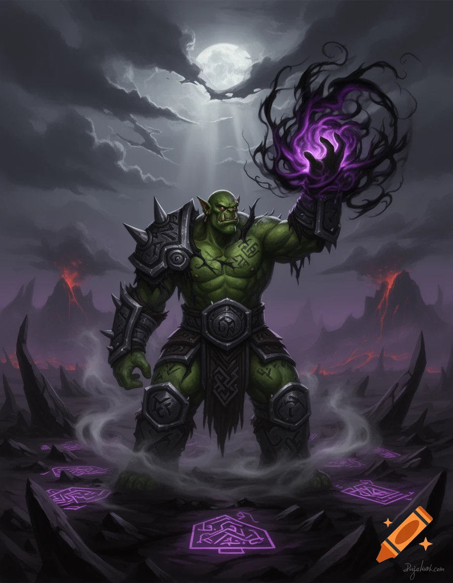 A muscular green orc in spiked armor casts a glowing purple and black shadow spell under a full moon in a desolate, volcanic land with runes.