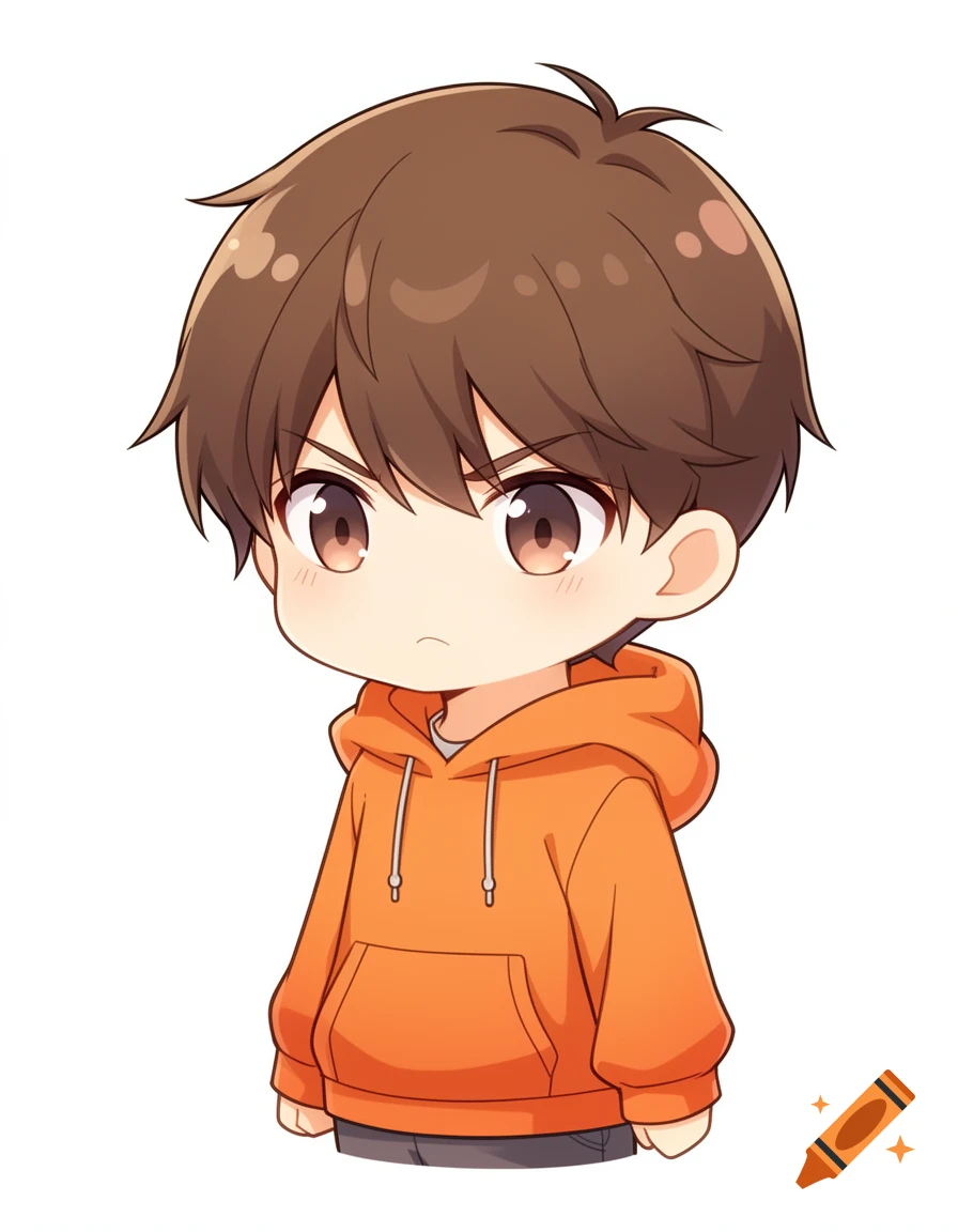 A cute chibi anime boy with short brown hair, wearing a bright orange hoodie, standing on a white background.