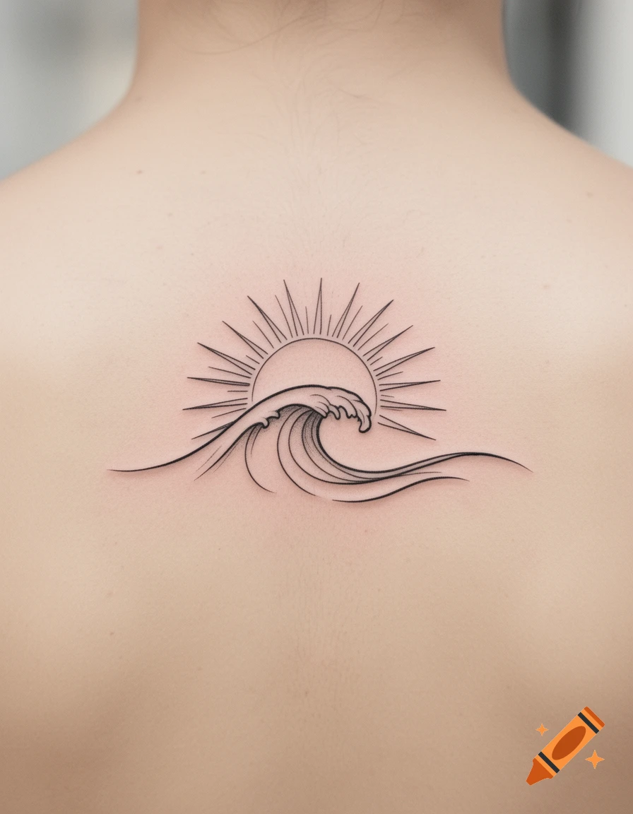 Minimalist black line tattoo of a sun and wave on a person's upper back.