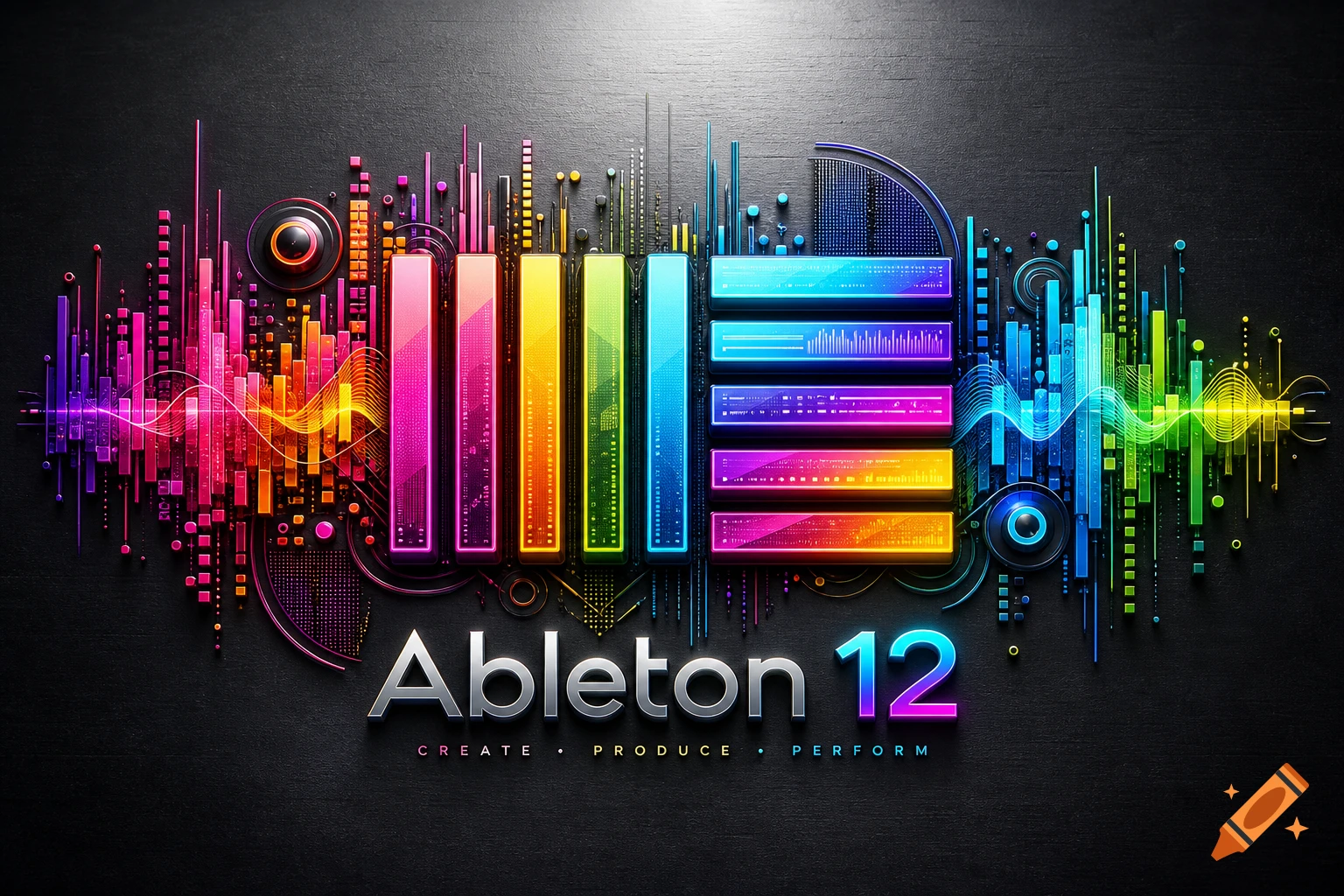Vibrant abstract logo for Ableton 12 with colorful digital soundwave and interface elements on a dark background.