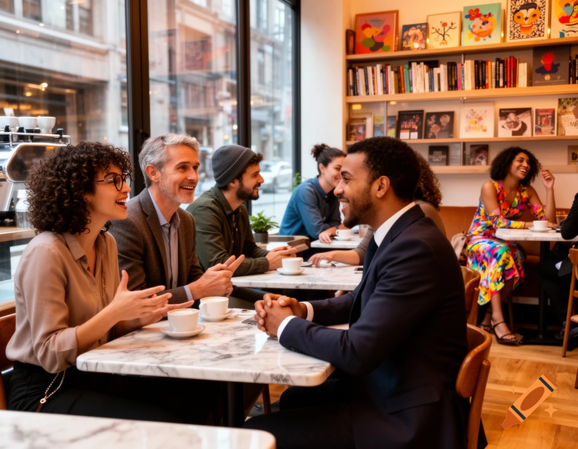 Diverse people laugh and talk at cafe tables with bookshelves and art on the walls, photorealistic.