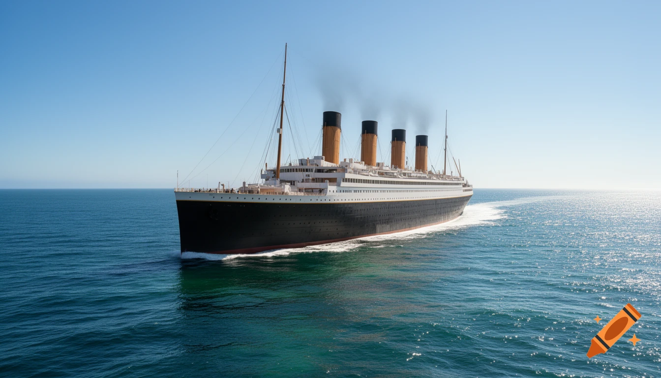 The Titanic, a grand ocean liner, steams across calm blue waters under a clear sky.