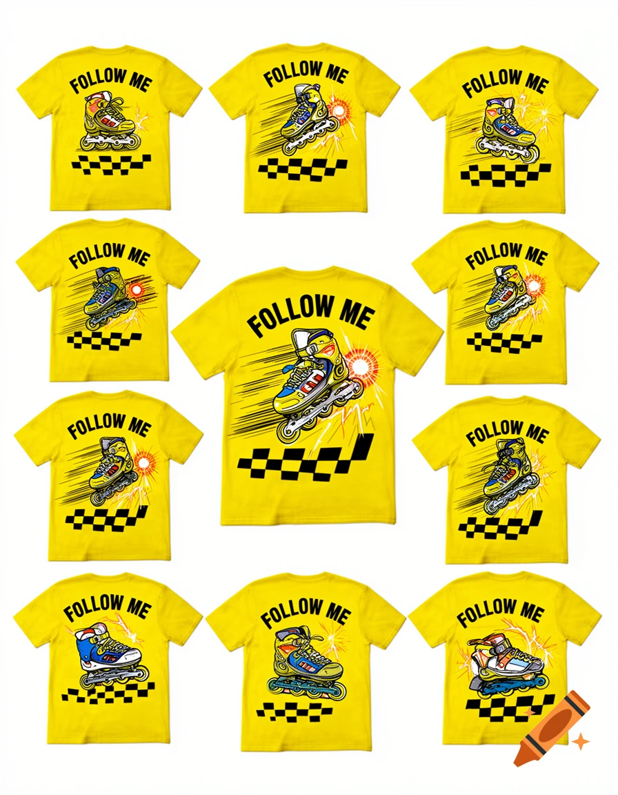 Nine yellow T-shirt designs featuring a cartoon inline skate, 'FOLLOW ME' text, speed lines, and black and yellow checkerboard patterns.