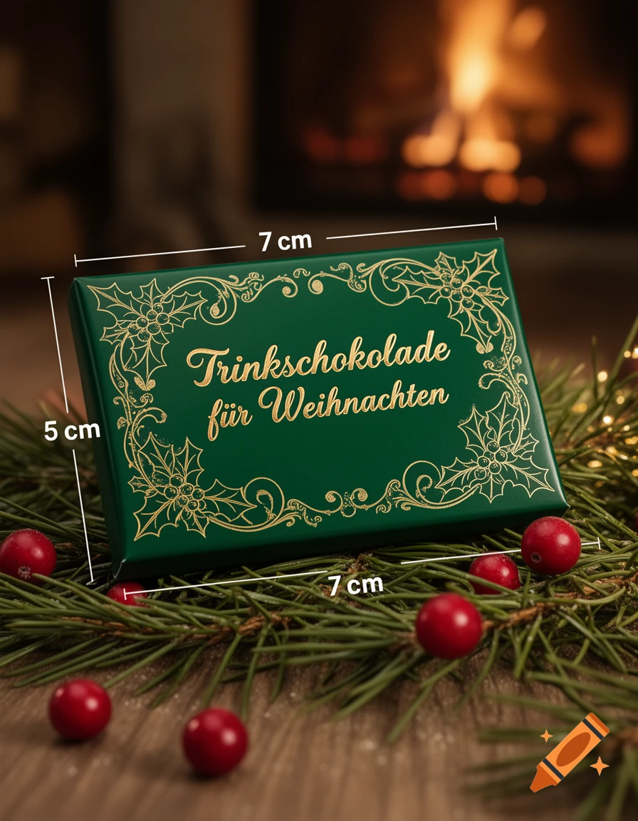 A green box of "Trinkschokolade für Weihnachten" (drinking chocolate for Christmas) with gold holly designs, surrounded by pine needles and red berries, in front of a fireplace. Dimensions 5x7 cm are indicated.