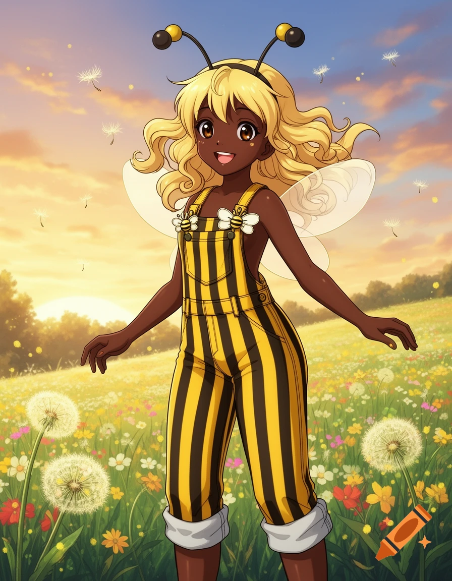 An anime girl with dark skin, blonde curly hair, and bee antennae wears a yellow and black striped overall, standing in a field of dandelions at sunset.