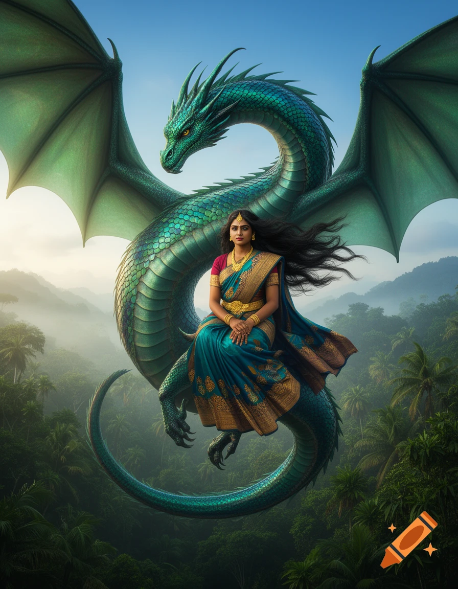A Sri Lankan woman in a blue and gold sari sits on a majestic green dragon flying over a misty jungle. Photorealistic.