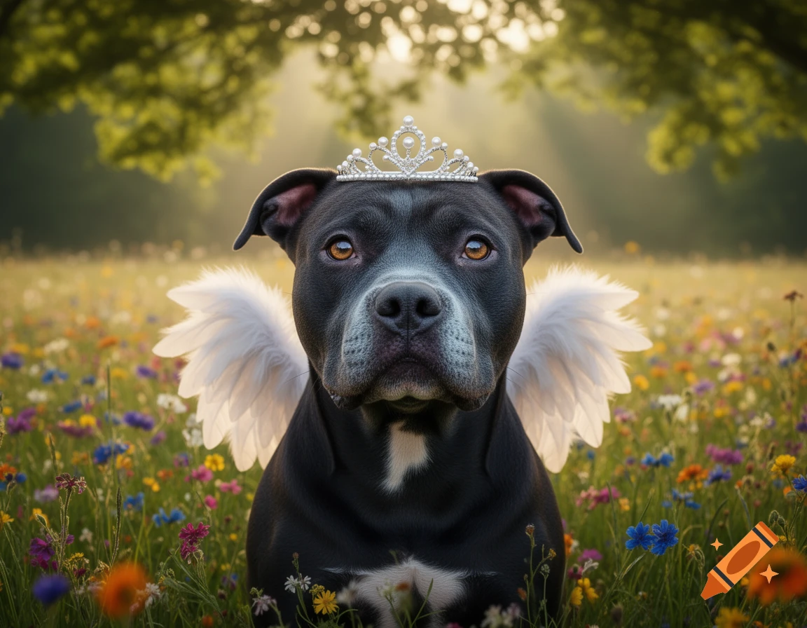 Photorealistic black pitbull with white chest markings, wearing a silver tiara and white angel wings, sits in a vibrant field of wildflowers.