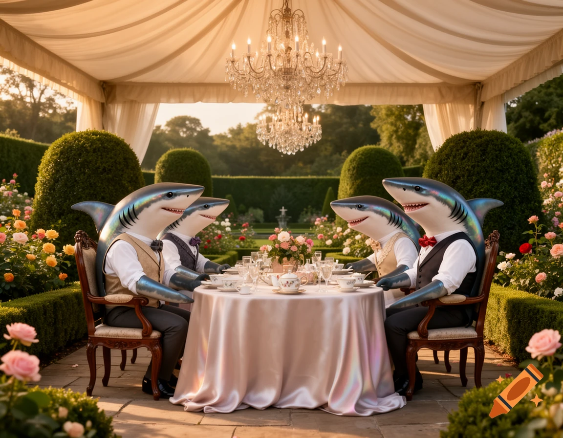 Four anthropomorphic sharks in formal attire enjoy a tea party in an elegant outdoor garden under a canopy with chandeliers.