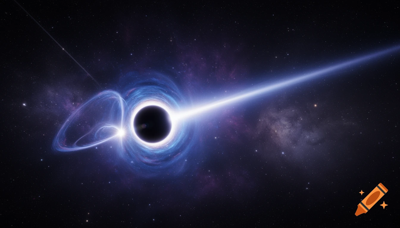 A black hole with a glowing blue and violet accretion disk emits a bright relativistic jet across deep space with stars and nebulae.
