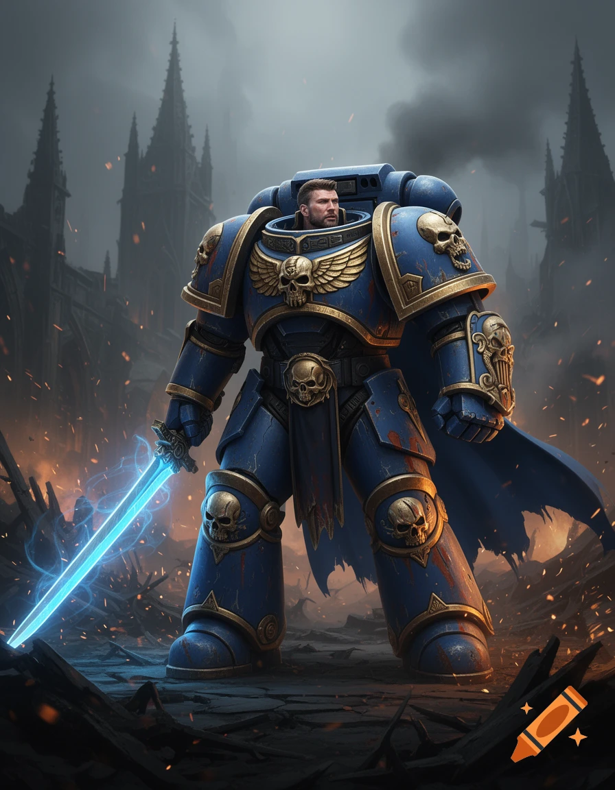A towering Space Marine champion in blue and gold power armor, holding a glowing blue energy sword, stands on a battle-torn gothic battlefield.