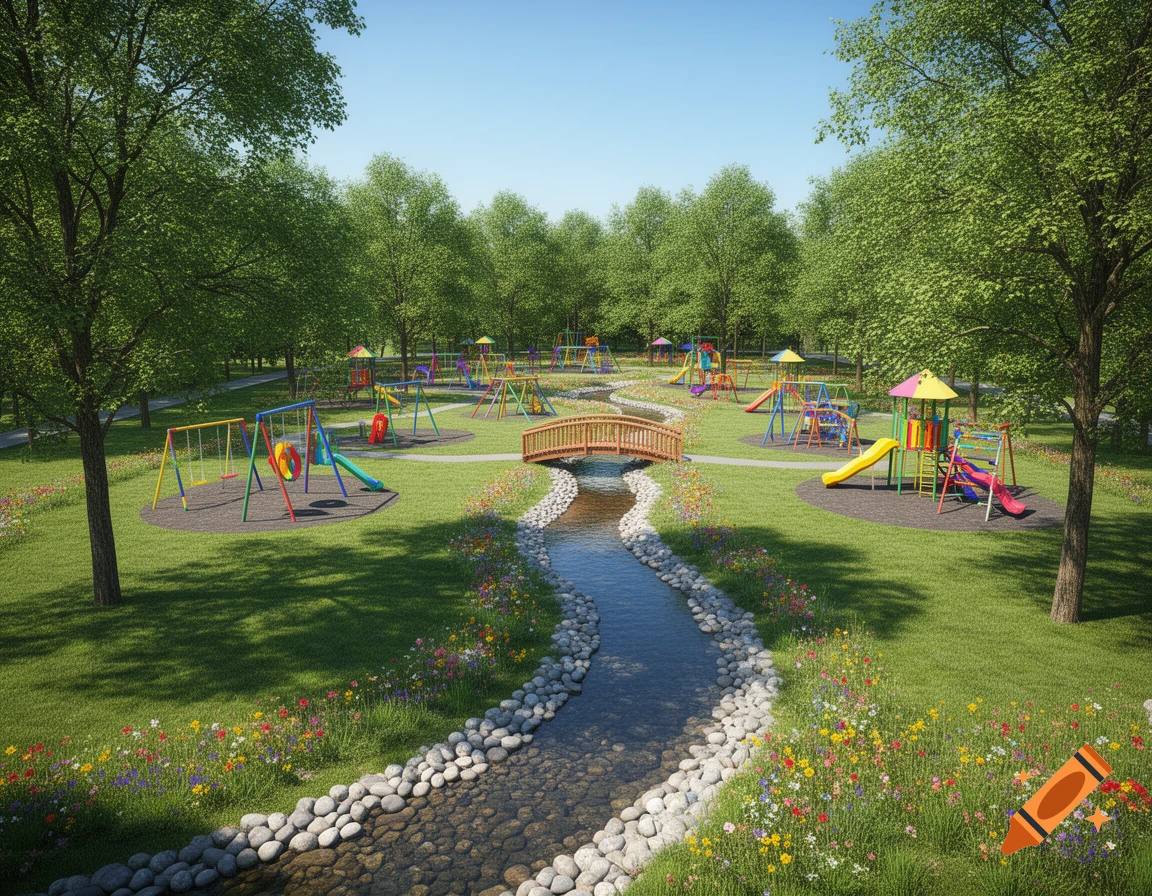 Photorealistic birds-eye view of a vibrant children's park with colorful playgrounds, a winding stream, a wooden bridge, and lush trees.