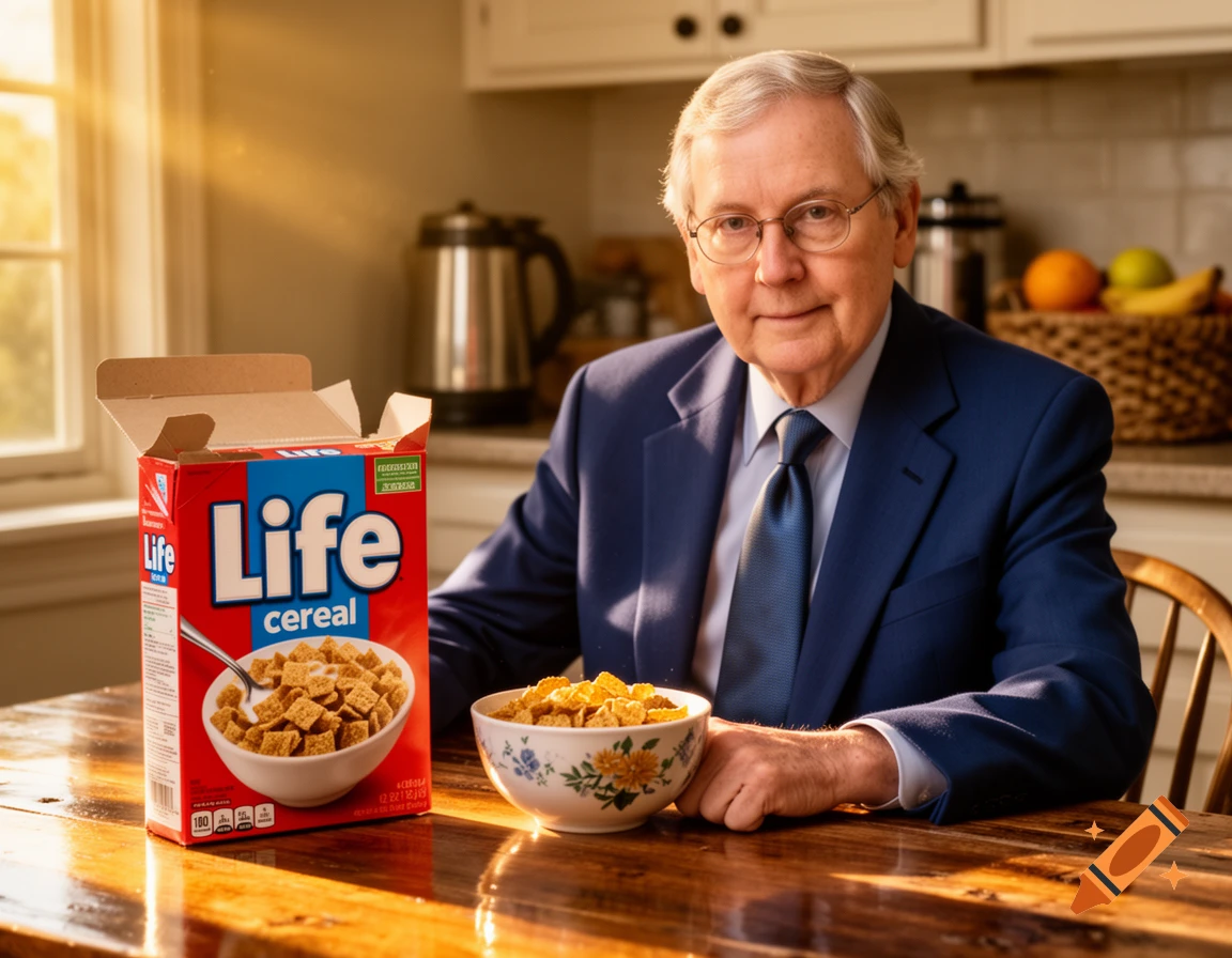 Mitch McConnell sits at a wooden kitchen table with an open box and a bowl of Life cereal, sunlight streaming in from a window.