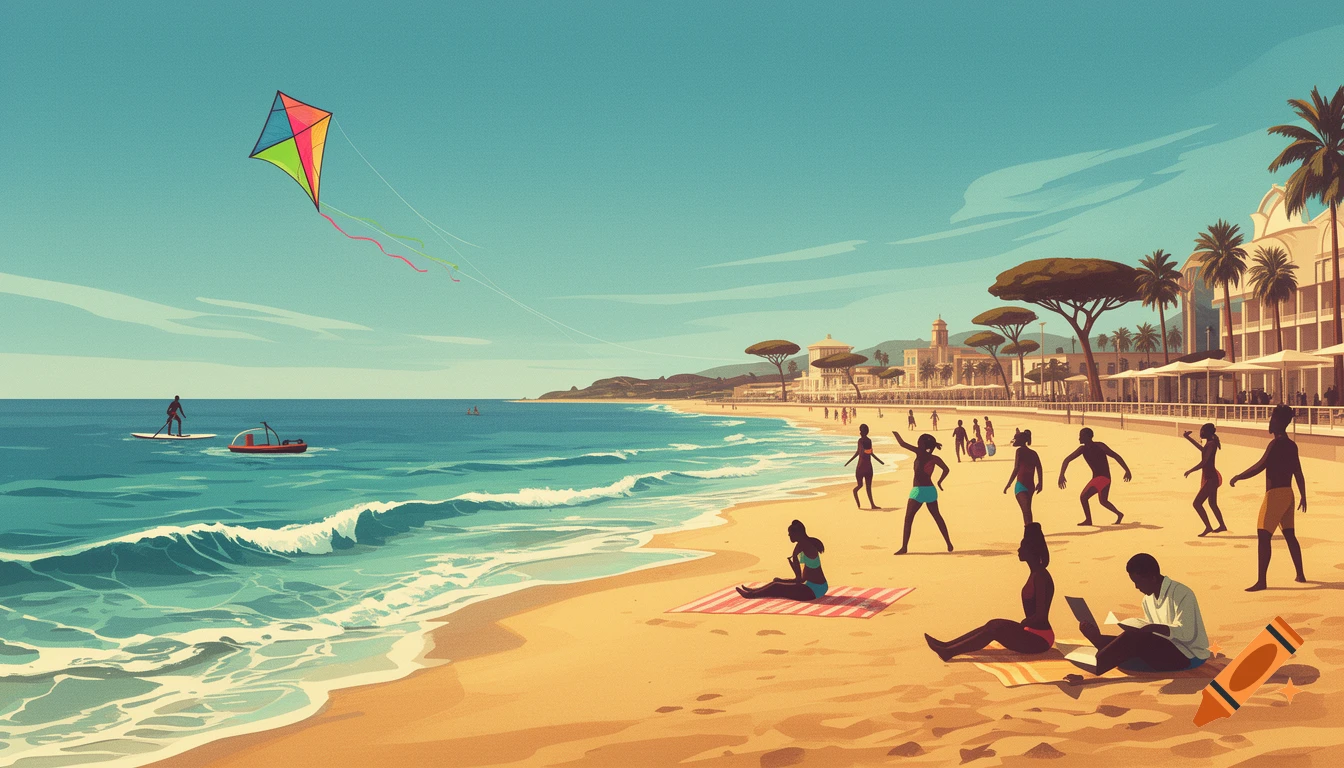 A vintage-style illustration of a vibrant beach scene with people swimming, playing, reading, and flying a kite.