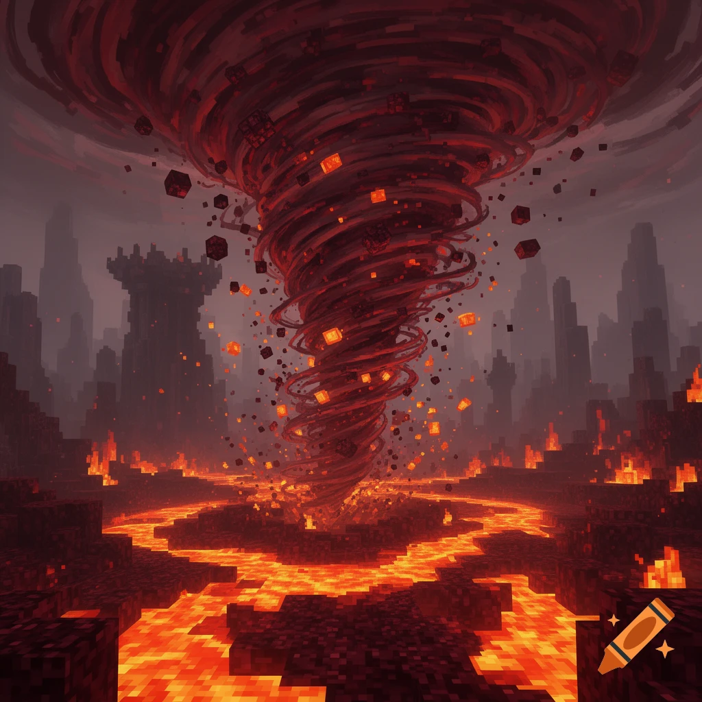 A massive red, blocky tornado swirls in a dark, lava-filled Minecraft Nether landscape with distant structures under a smoky sky.