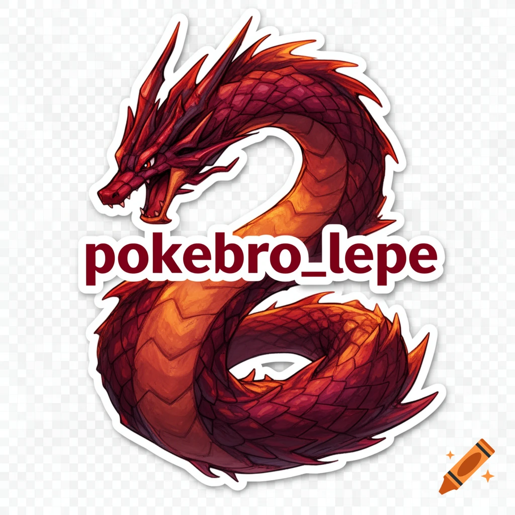 A red ancient sea serpent, resembling Gyarados, coiled in a dramatic pose, with 'pokebro_lepe' text. Sticker design.