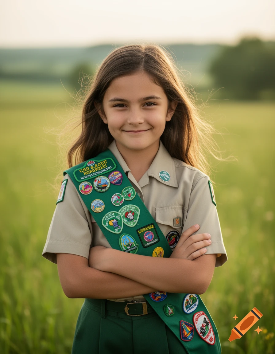 A young girl in a Girl Scout uniform with a sash full of badges stands smiling with crossed arms in a sunny field.