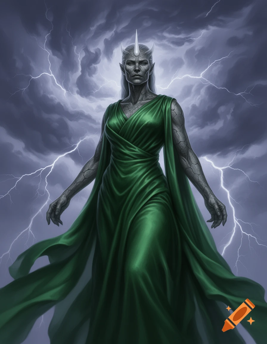 A grey-skinned female storm giant with a white horn and smaller horns, wearing a flowing green silk robe, stands against a stormy sky with lightning.