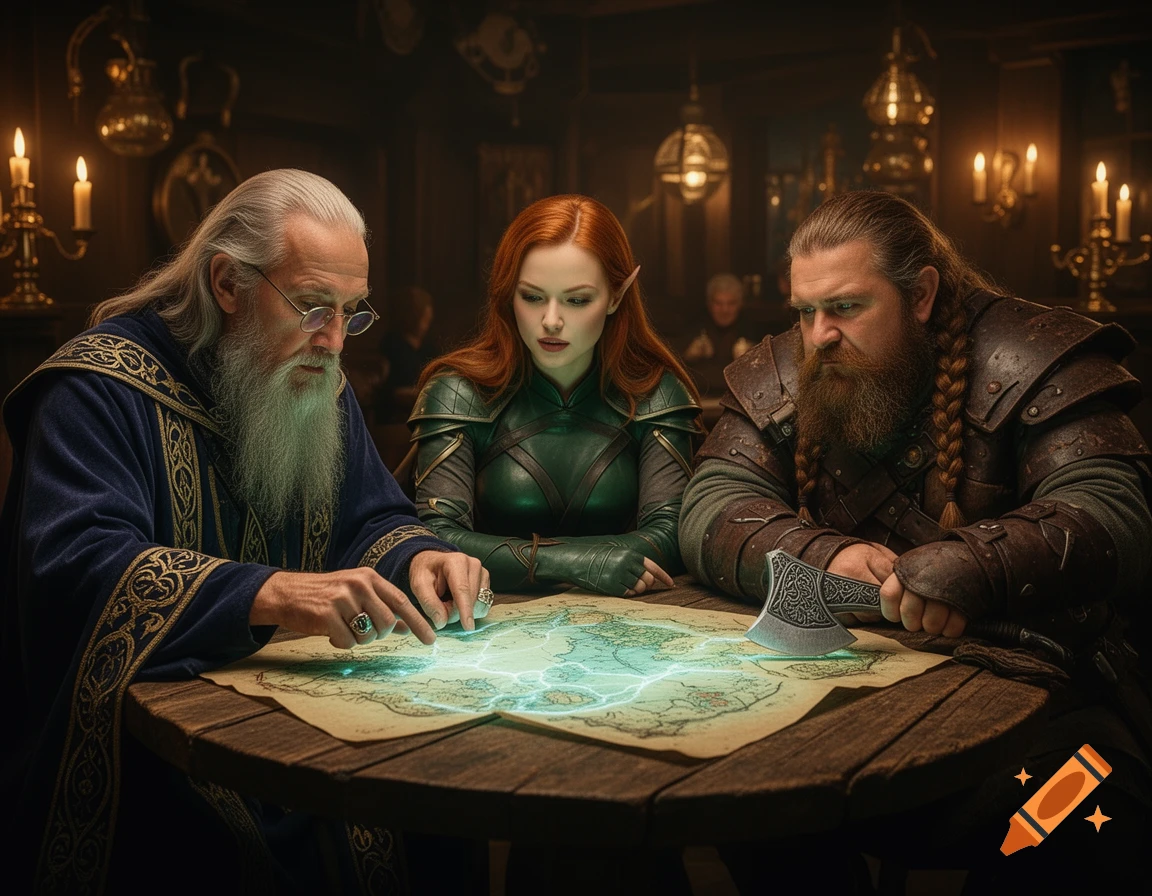 A wizard, elf, and dwarf warrior intently examine a magical glowing map on a rustic table in a dimly lit tavern. Photorealistic.