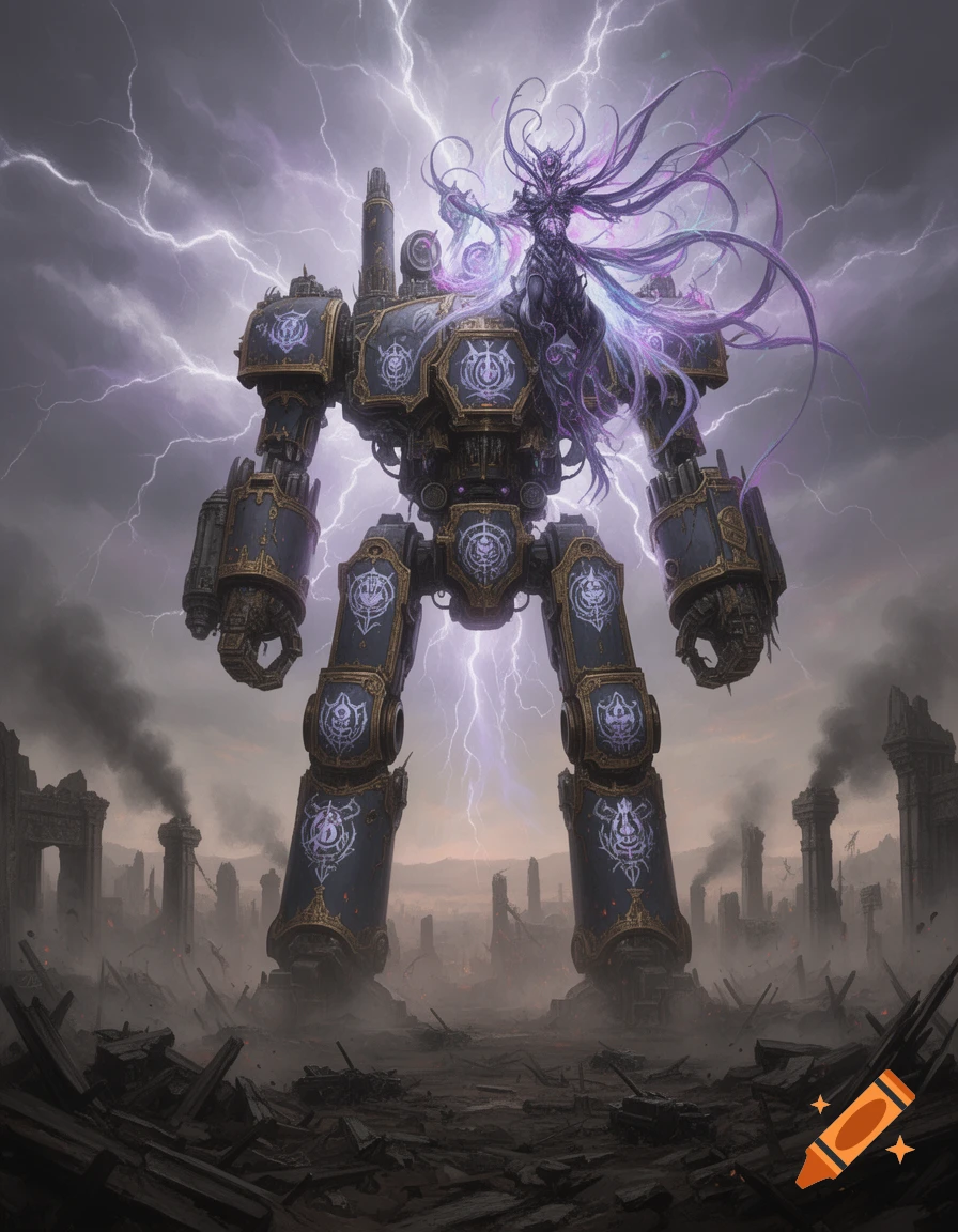 A huge, dark war machine with purple symbols and a swirling purple entity on top, stands in a ruined city under lightning.