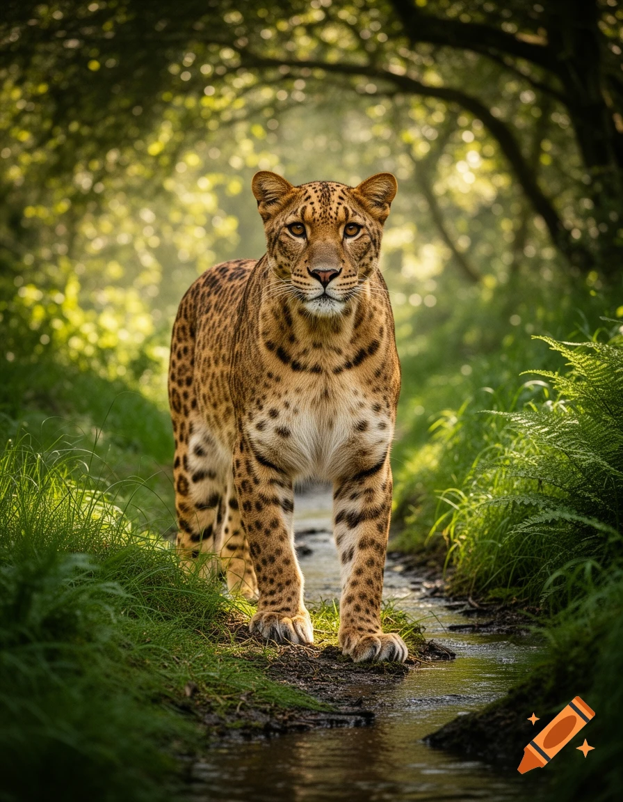 A photorealistic leopard stands on a muddy path in a sun-dappled forest.