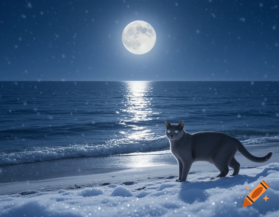 A grey cat with glowing blue eyes stands on a snowy beach under a bright full moon, with the ocean reflecting moonlight in the background as snow falls.