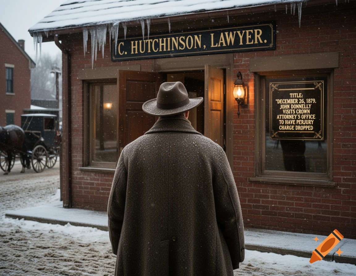 A man in a hat and coat stands in front of C. Hutchinson, Lawyer's office on a snowy 19th-century street.