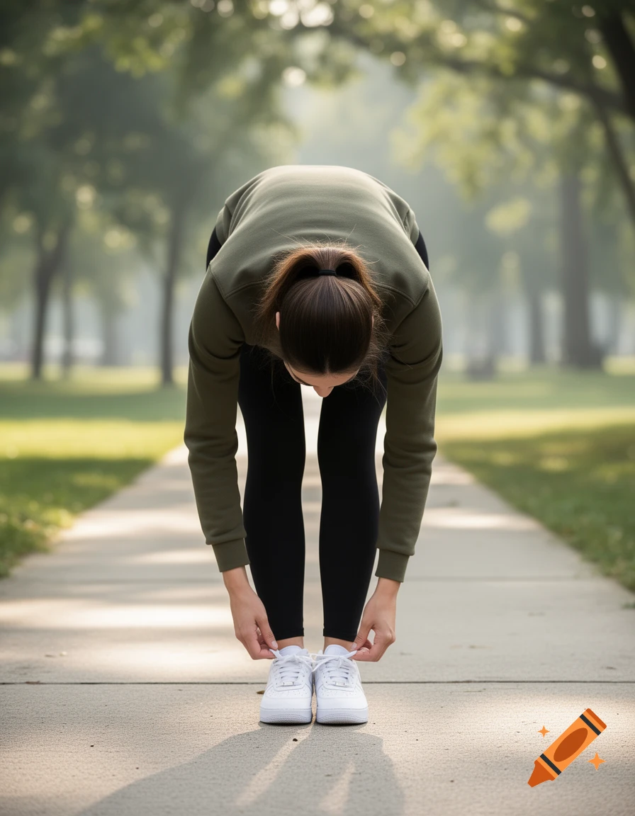 A woman bends over on a paved path in a park, tying the laces of her white sneakers.