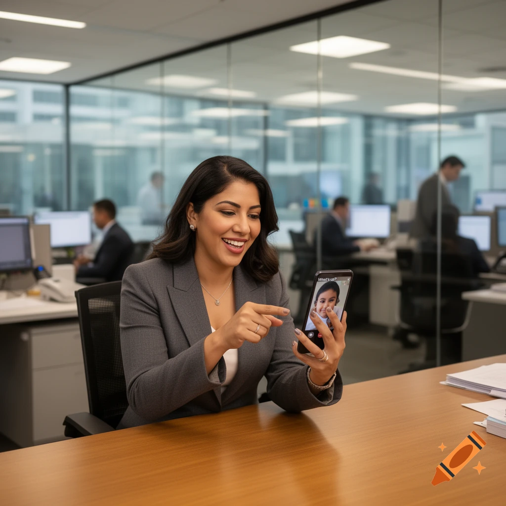 A smiling businesswoman in a grey suit points at her phone screen, showing a child's face on a video call in a modern office.