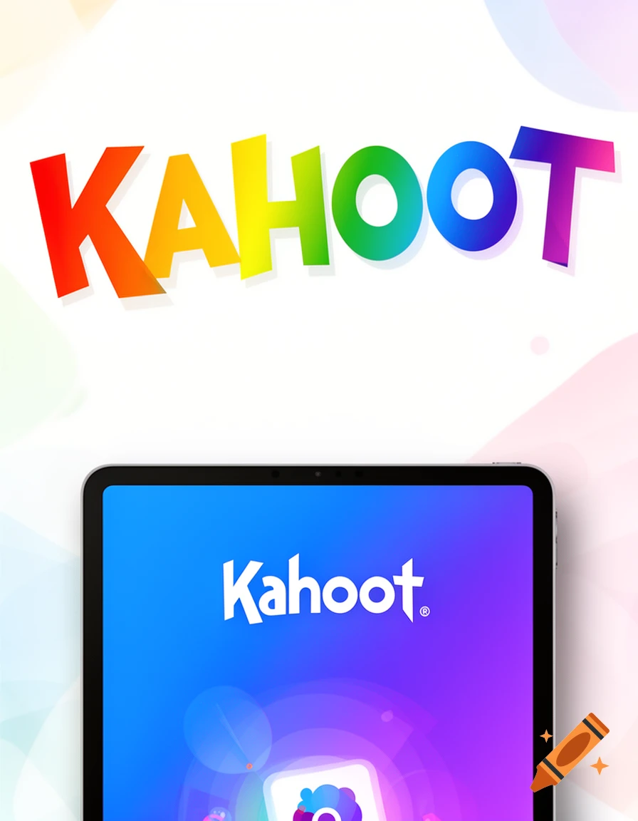 Colorful 'KAHOOT' logo above a tablet displaying the Kahoot app interface.