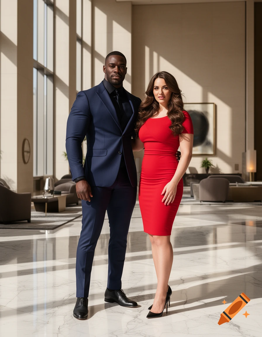 A photorealistic image of a man in a navy suit and a woman in a red dress posing in a bright modern lobby.