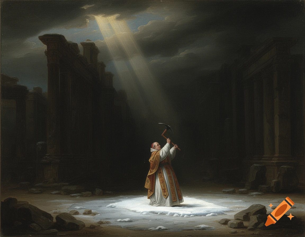 A robed figure, like a medieval pope, raises a pickaxe in snow amidst dark Roman ruins, lit by heavenly rays in a chiaroscuro painting.