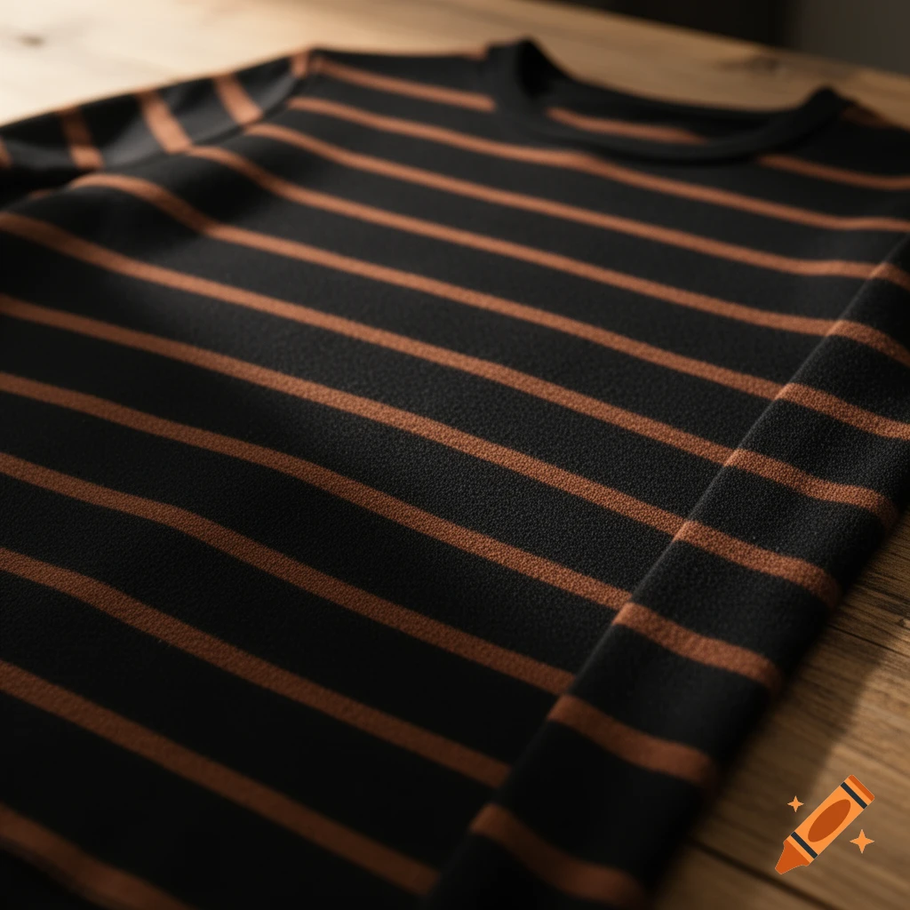 A black long-sleeve shirt with thin horizontal brown stripes, folded on a wooden surface.