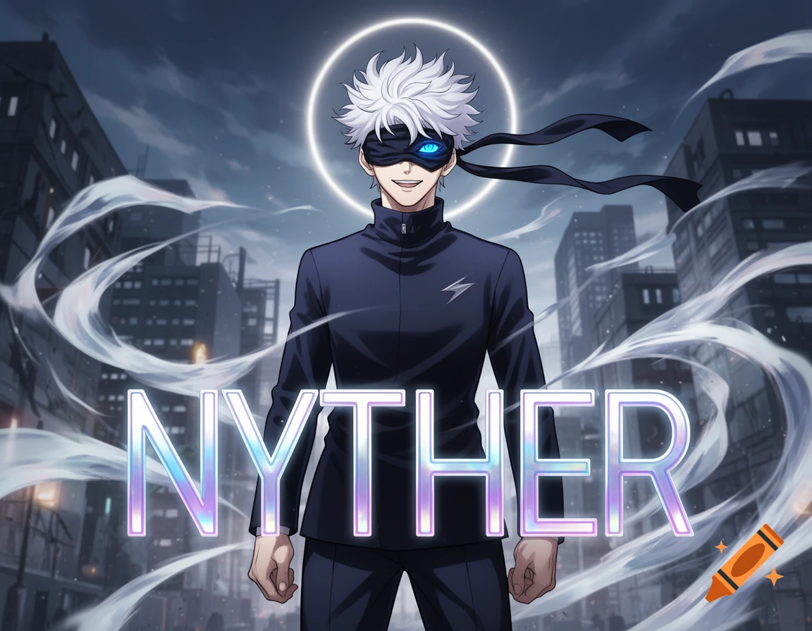 Anime character with white hair, black blindfold, and a glowing blue eye, wearing a dark jacket, stands in a stylized city with 'NYTHER' text.