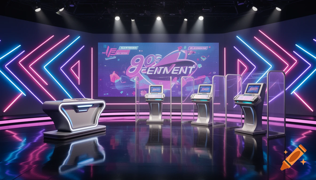 A vibrant 90s style TV game show studio set with blue, pink, and purple neon lights, a host podium, three contestant podiums, and a large screen displaying "90s GREENTMENT" graphics, all reflected on a shiny black floor.