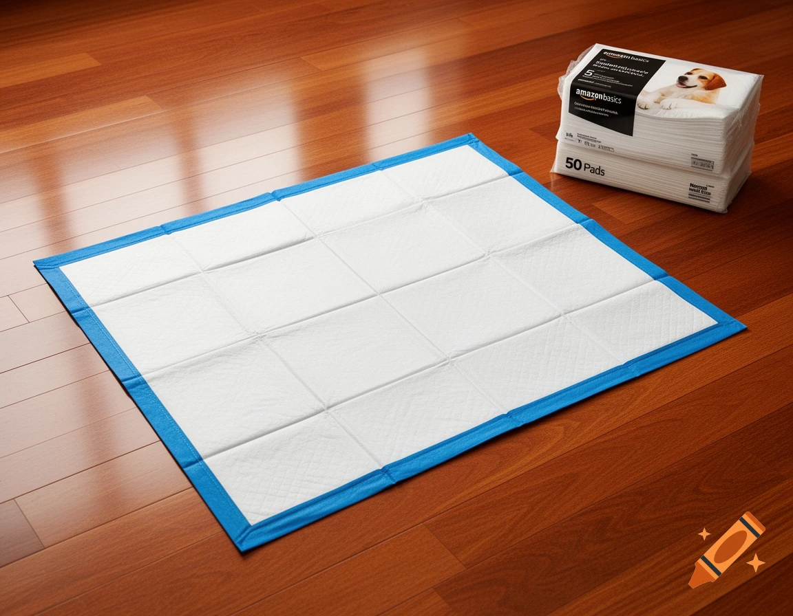A white and blue pet training pad laid on a wooden floor next to a stack of Amazon Basics puppy pads in their packaging.