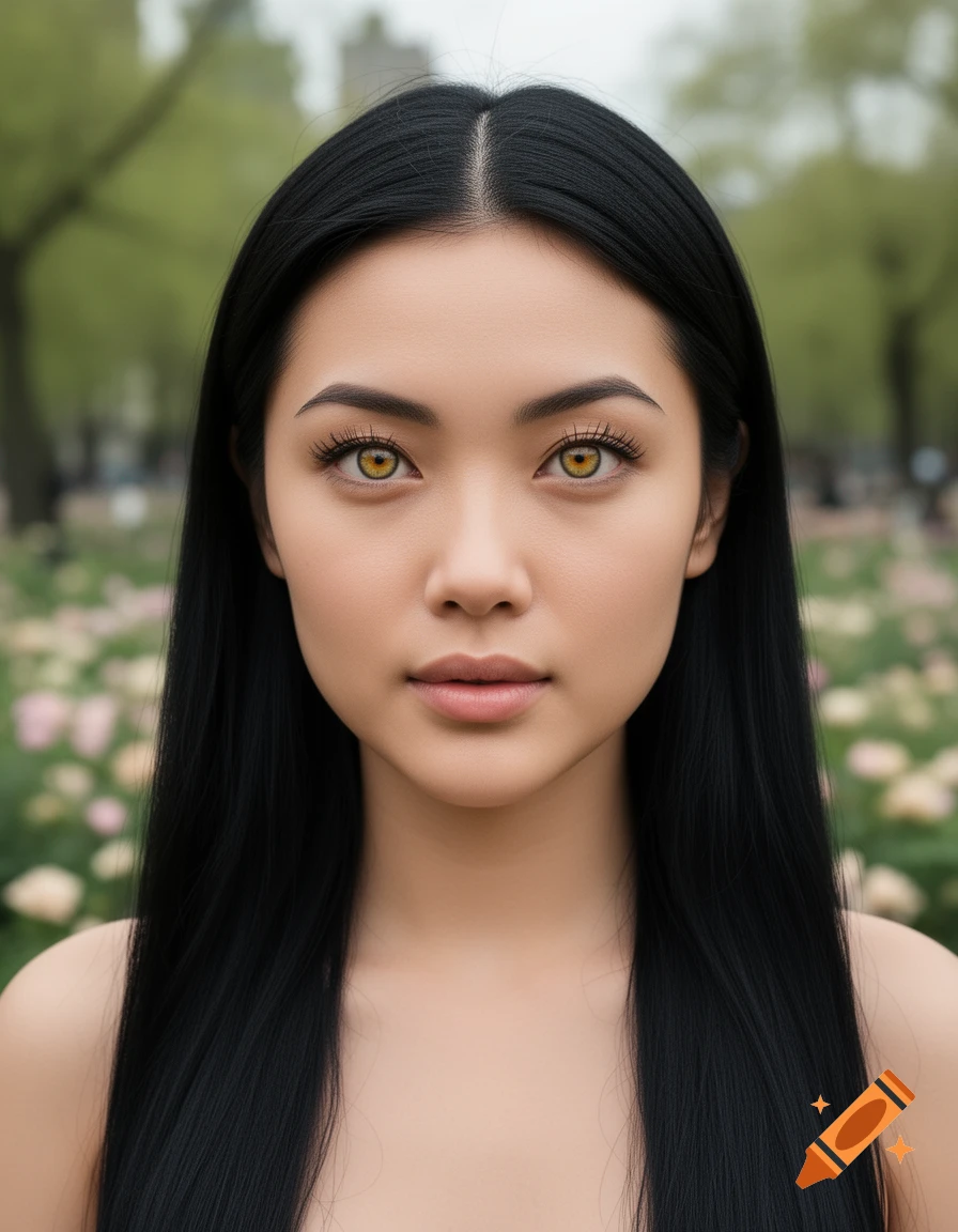 Photorealistic portrait of a young woman with black hair and hazel eyes, against a blurred green park background.