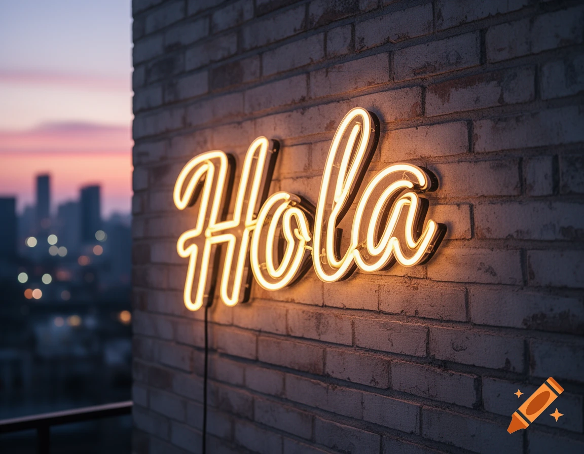 A glowing 'Hola' neon sign mounted on a brick wall with a blurred city skyline at sunset in the background.