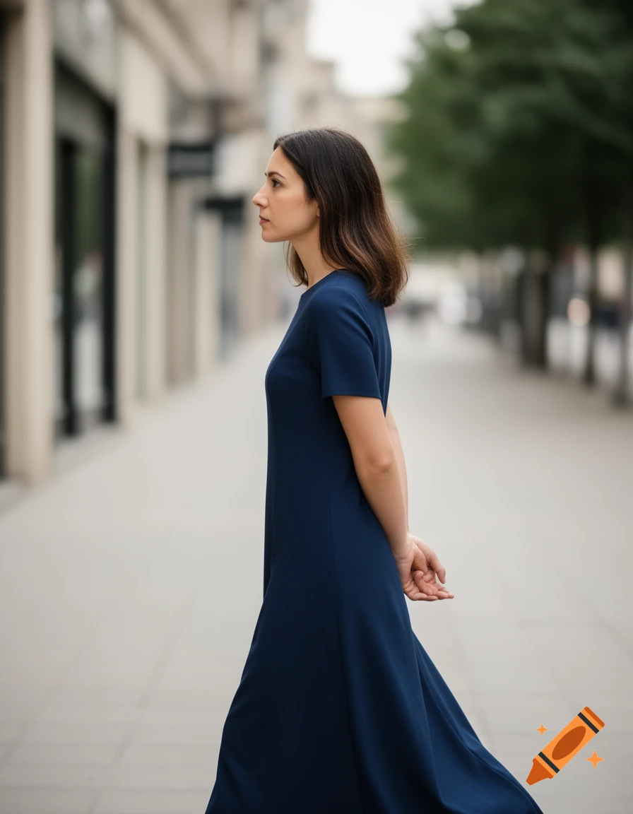 Side profile of a woman in a navy dress walking on an urban sidewalk with hands behind her back.