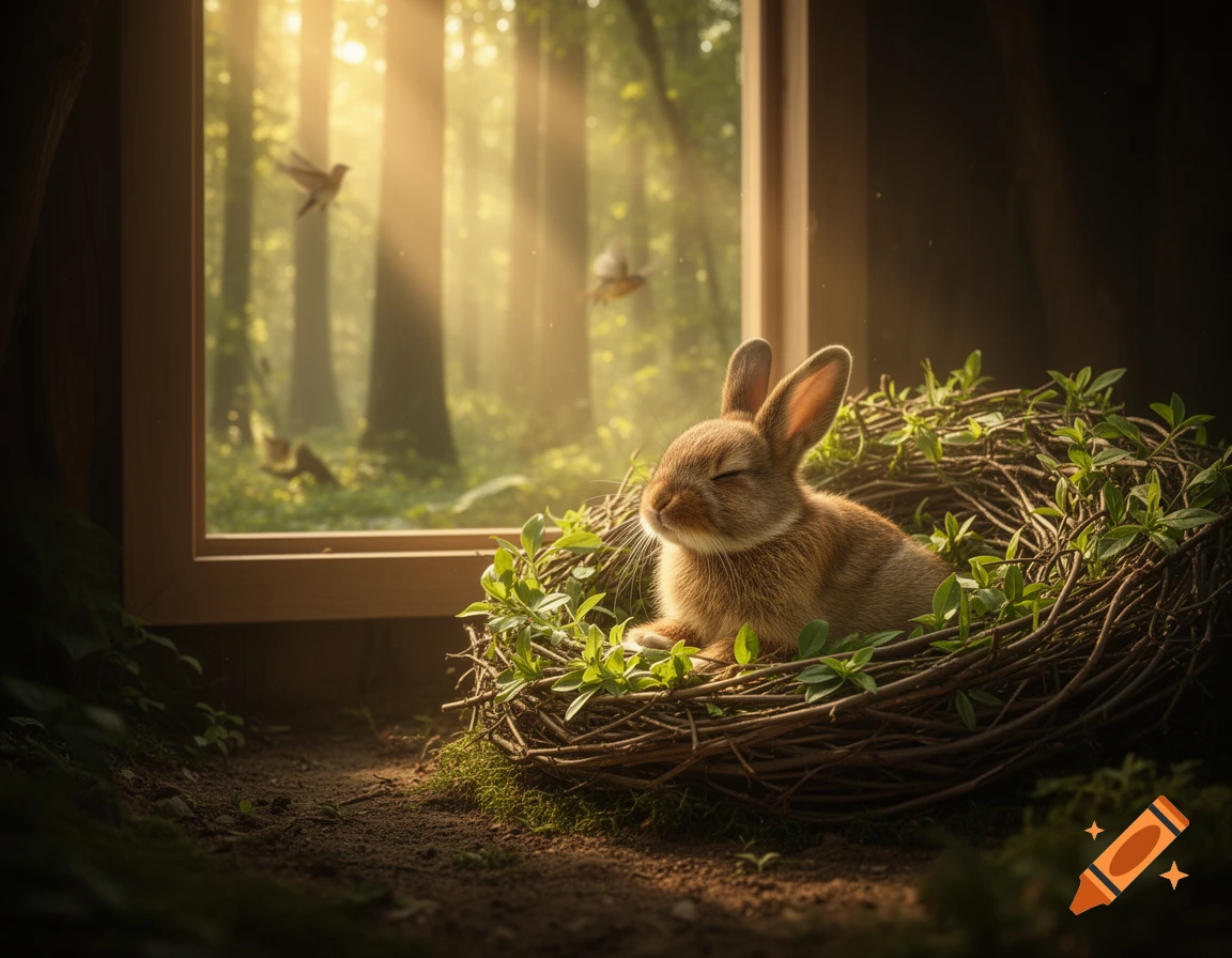 Photorealistic image of a brown bunny in a twig nest by a sunny window, with a forest and birds visible outside.