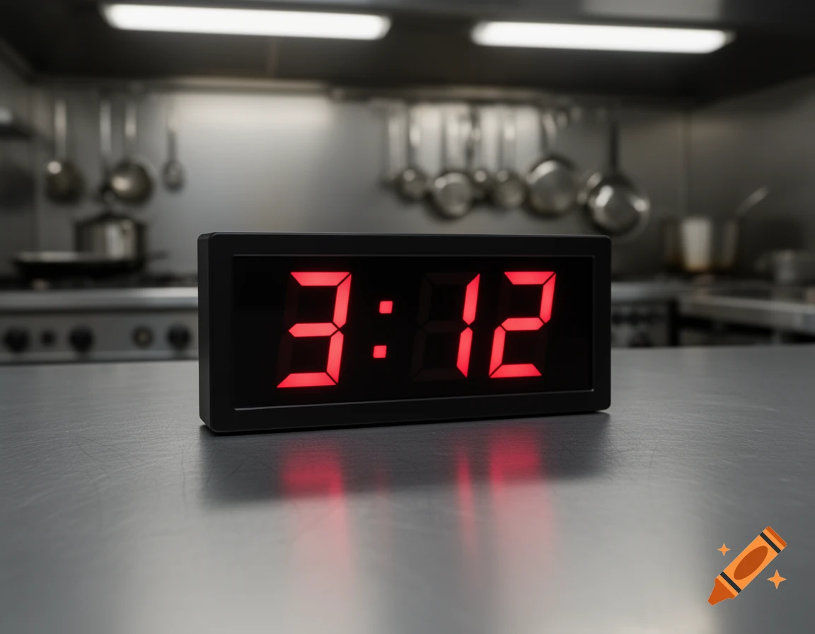 A digital clock showing 3:12 on a stainless steel counter in a commercial kitchen.