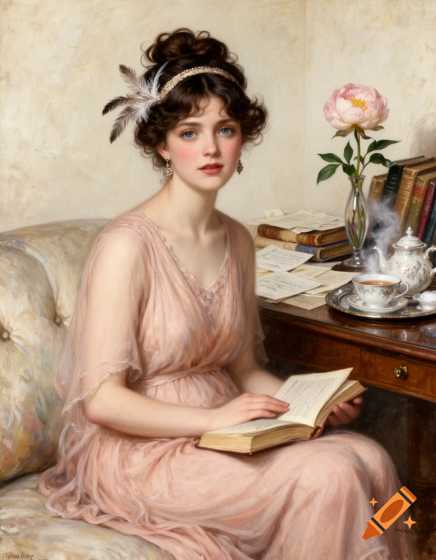 An impressionist painting of a young woman with dark hair in a bun and a feathered headband, wearing a pink dress, reading a book while sitting on a sofa. A tea set and a peony in a vase are on a desk beside her.